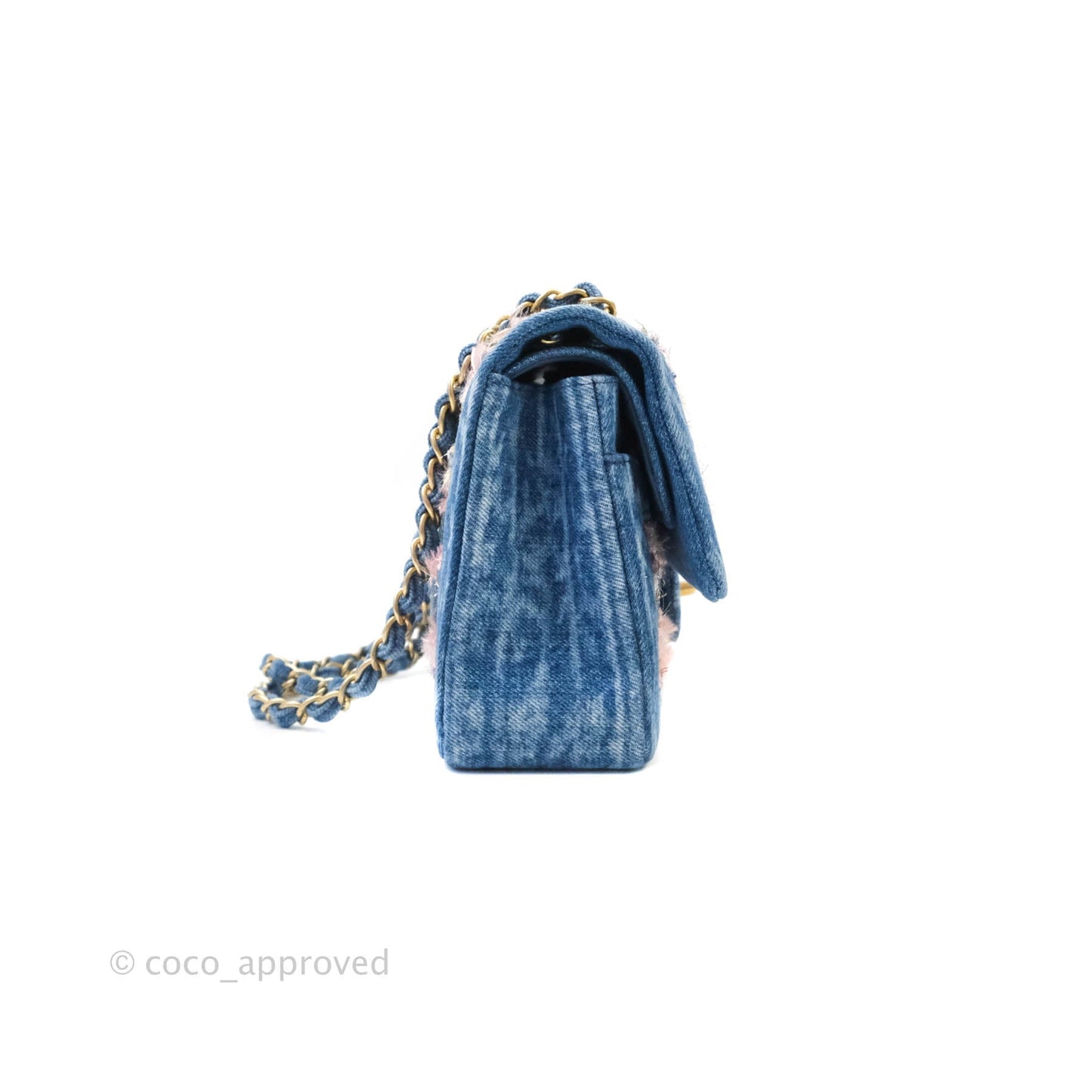 Chanel Quilted M/L Medium Double Flap Tweed Washed Denim Aged Gold Hardware
