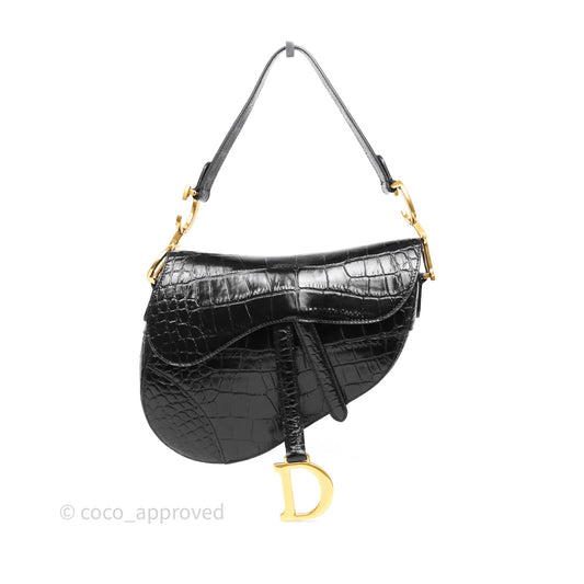 Christian Dior Saddle Bag Black Shiny Crocodile Gold Hardware