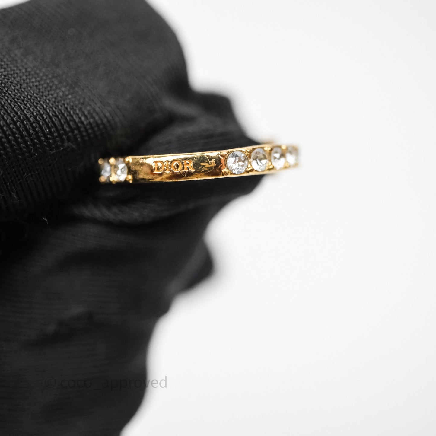 Christian Dior Crystal Logo Ring Gold Tone Size S
