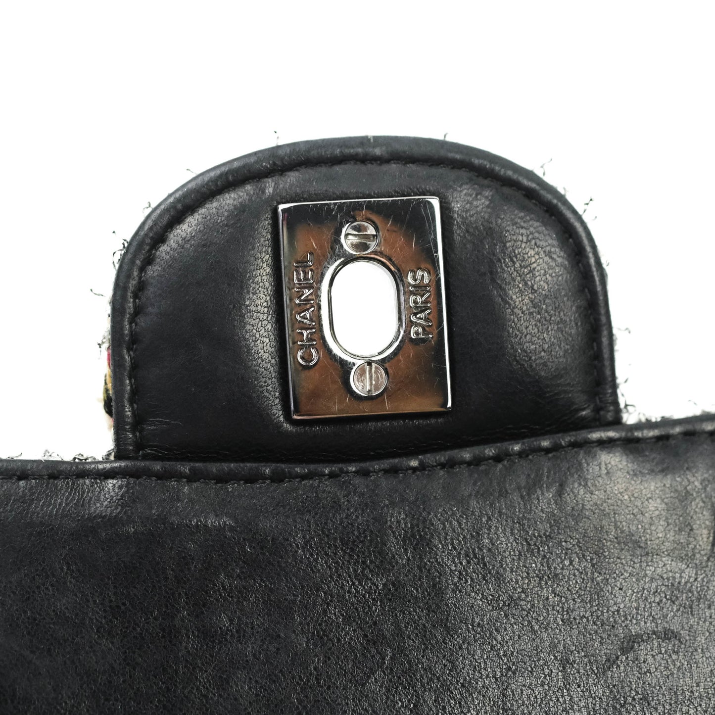 Chanel Classic M/L Medium Double Flap Black Tweed Gun Metal