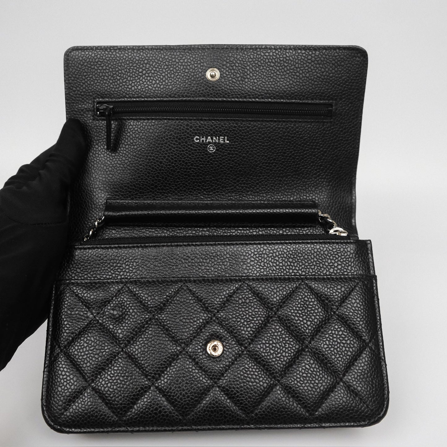 Chanel Classic Wallet On Chain WOC Quilted Black Caviar Silver Hardware