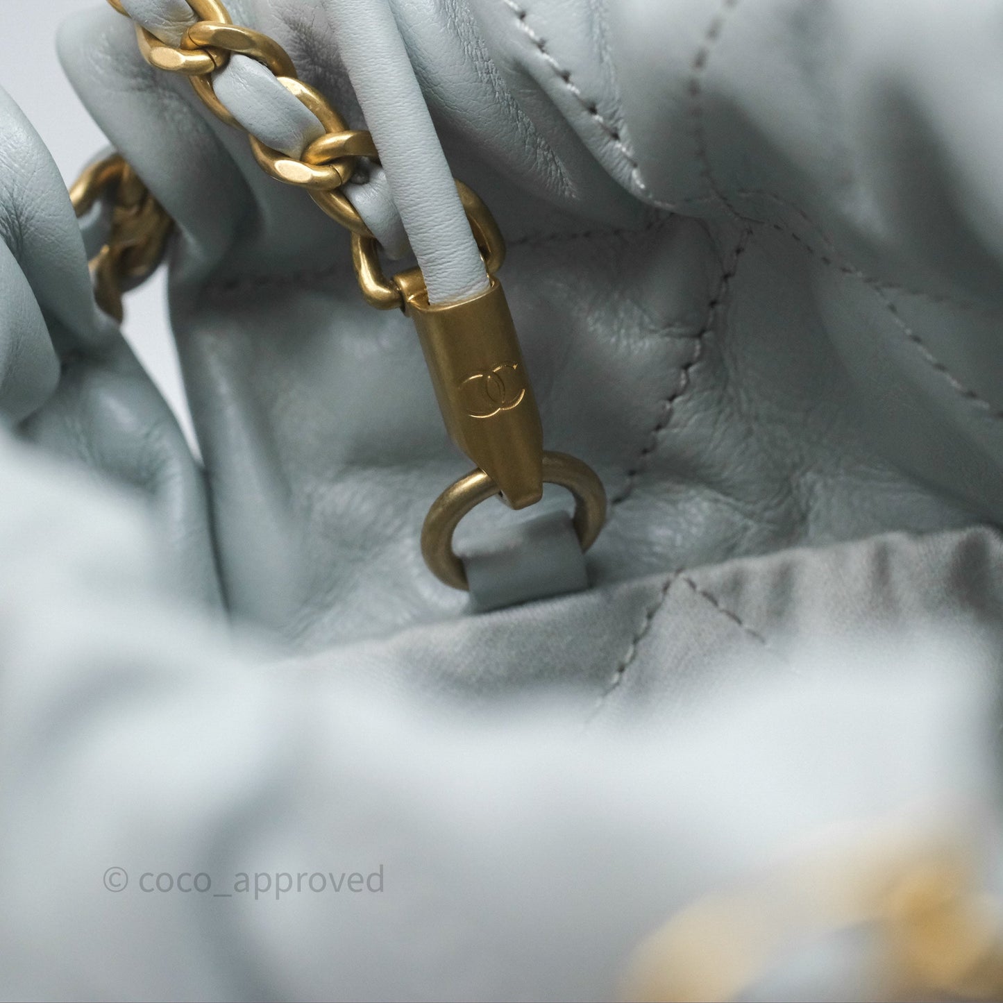Chanel 22 Mini Bag Blue Grey Shiny Crumpled Calfskin Aged Gold Hardware