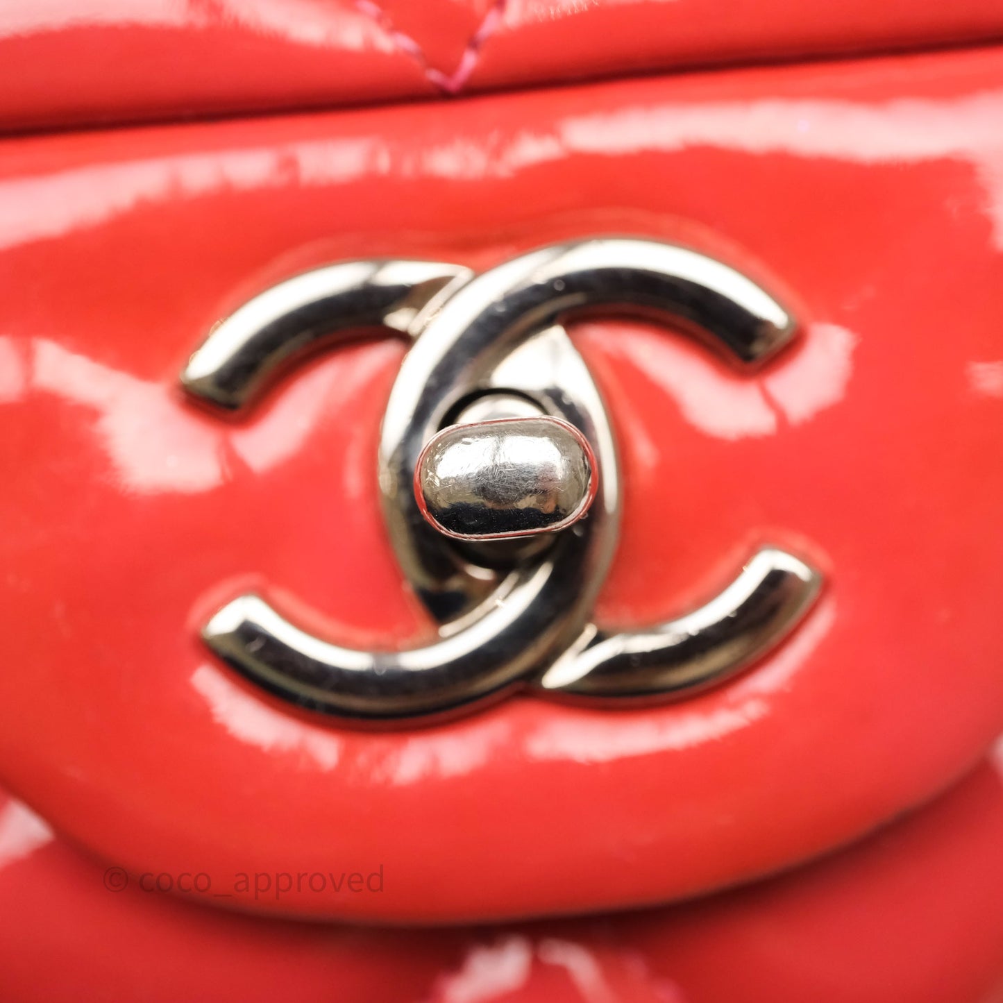 Chanel Jumbo Double Flap Red Orange Patent Silver Hardware⁣⁣