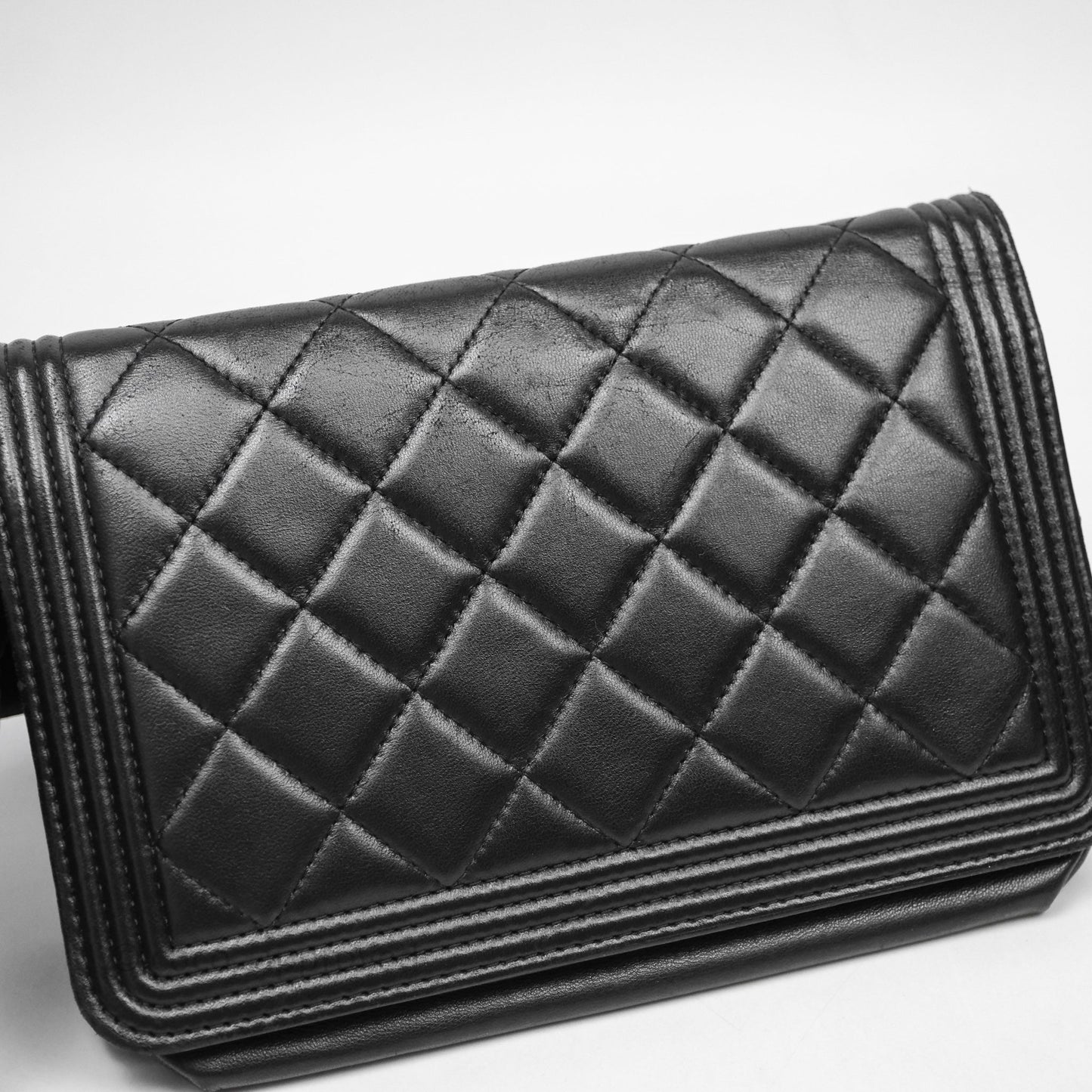 Chanel Black Quilted Lambskin Boy Wallet on Chain Gold Hardware