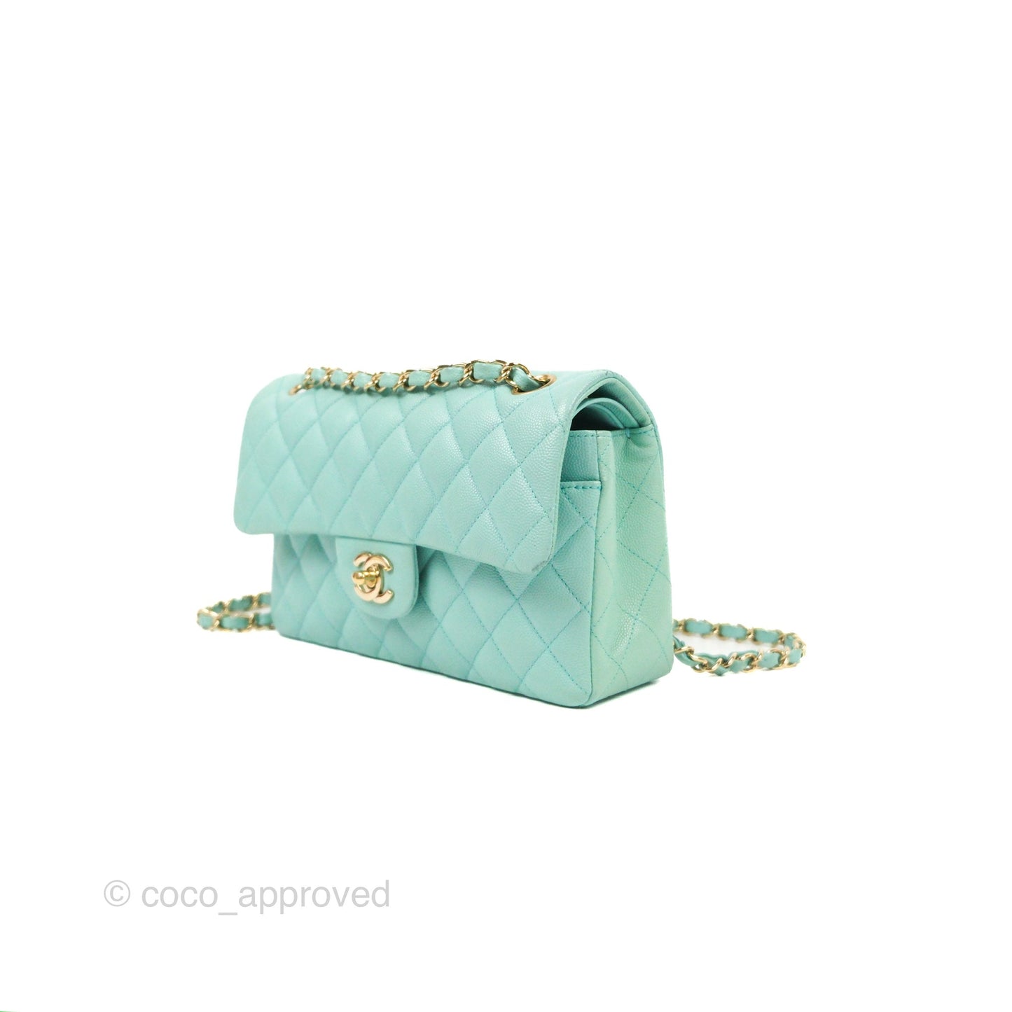 Chanel Small Classic Quilted Flap Tiffany Blue Caviar Gold Hardware 20C