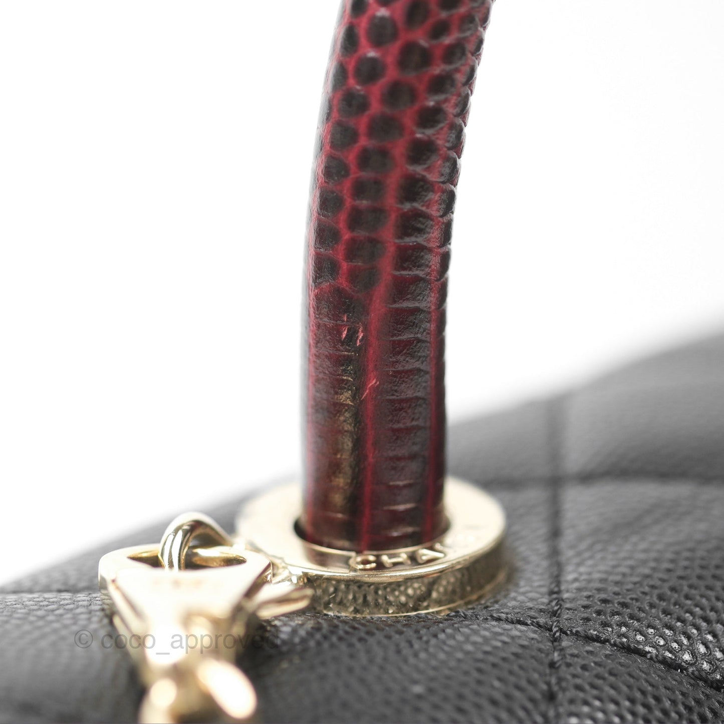 Chanel Small Coco Handle Black Caviar Gold Hardware Lizard Embossed Handle
