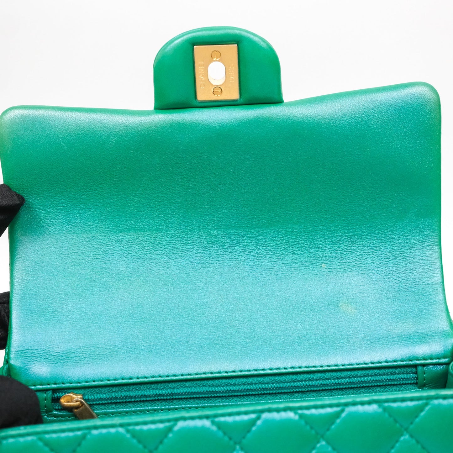 Chanel Top Handle Mini Rectangular Flap Bag Iridescent Green Lambskin Aged Gold Hardware