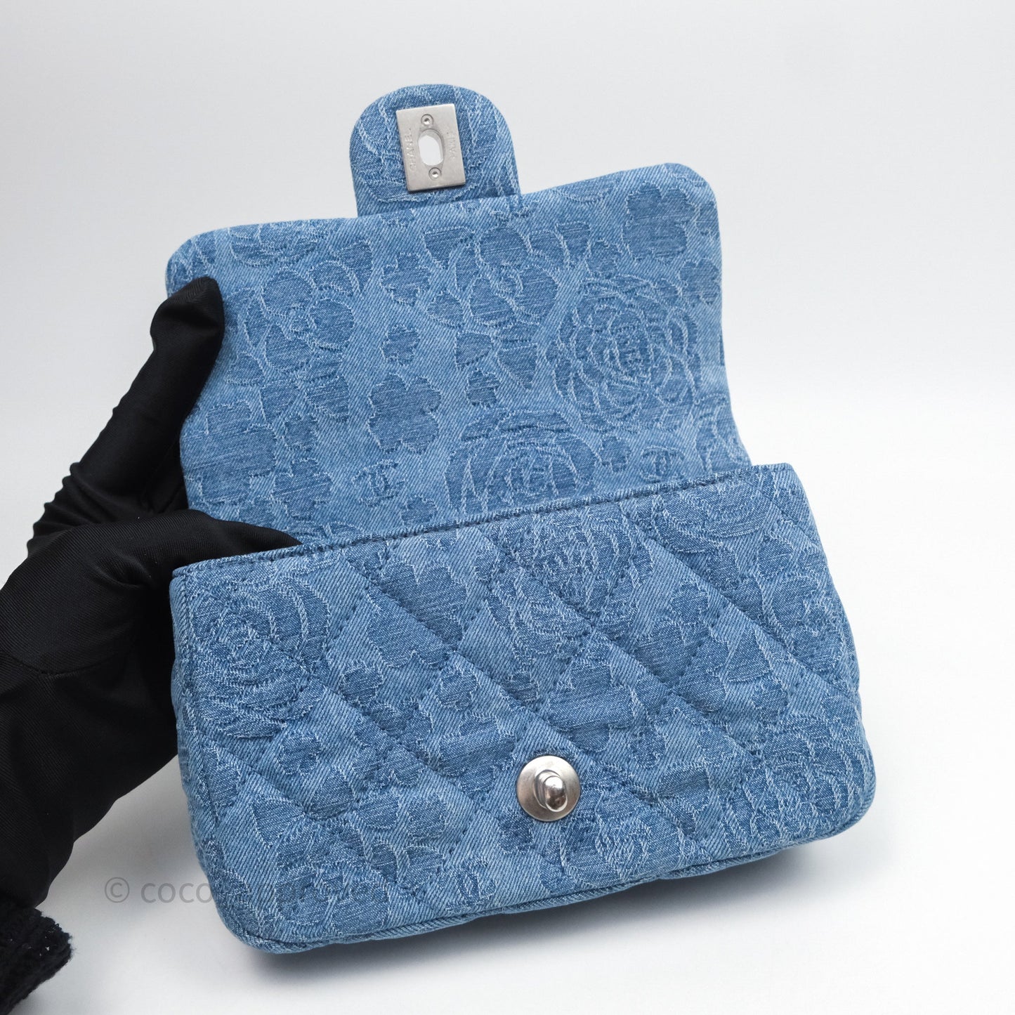Chanel Quilted Camellia Printed Heart Crush Mini Flap Bag Blue Denim Aged Silver Hardware