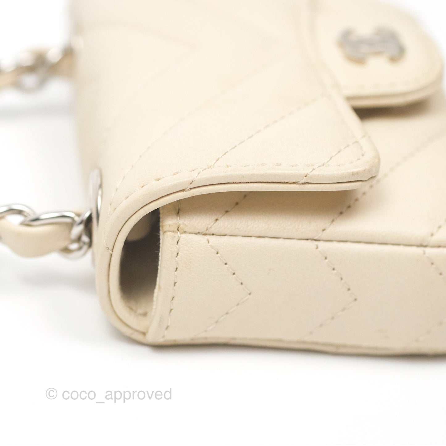 Chanel Mini Card Holder Chain Belt Bag Chevron Ivory Calfskin Silver Hardware