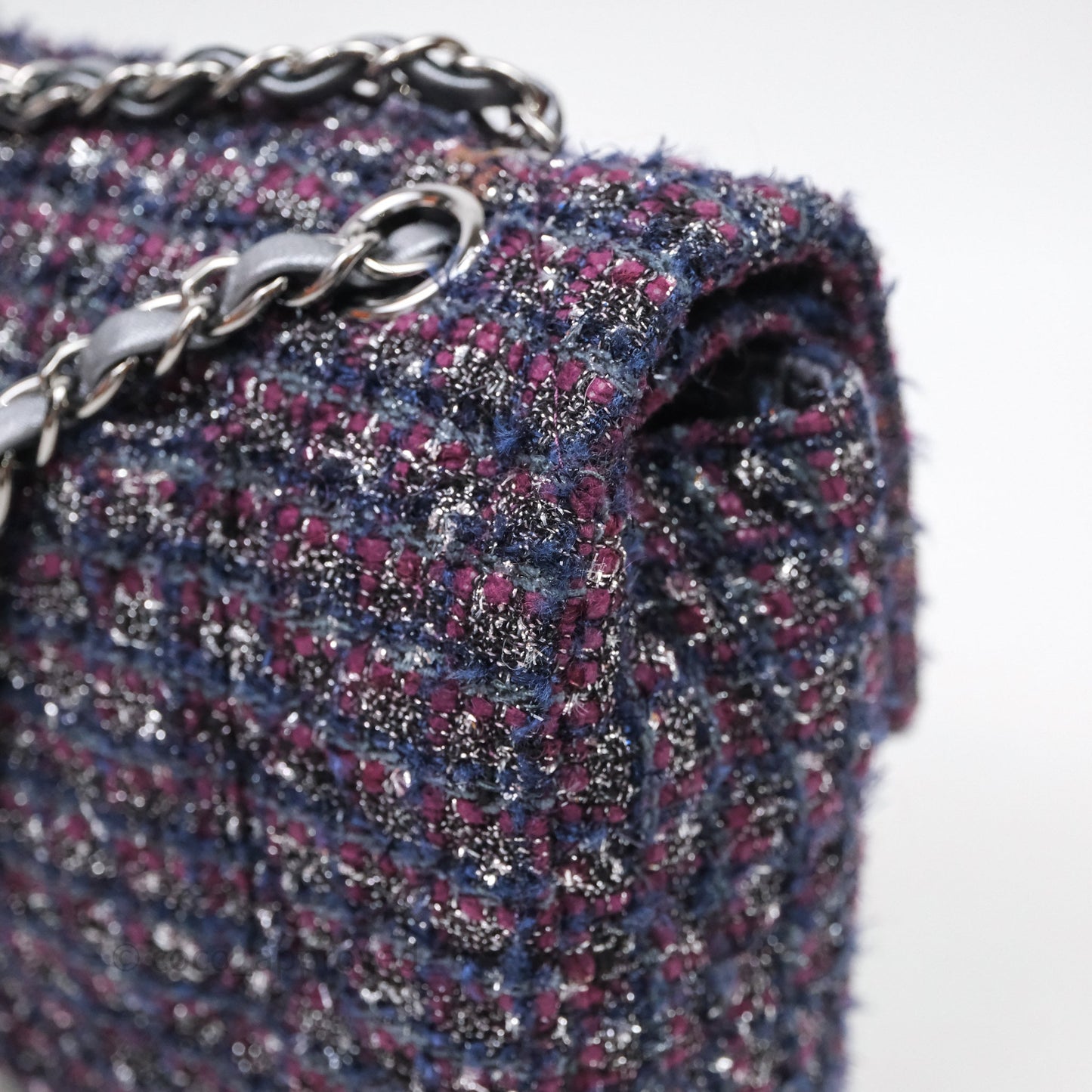 Chanel Classic M/L Medium Double Flap Purple Tweed Glitter Gun Metal