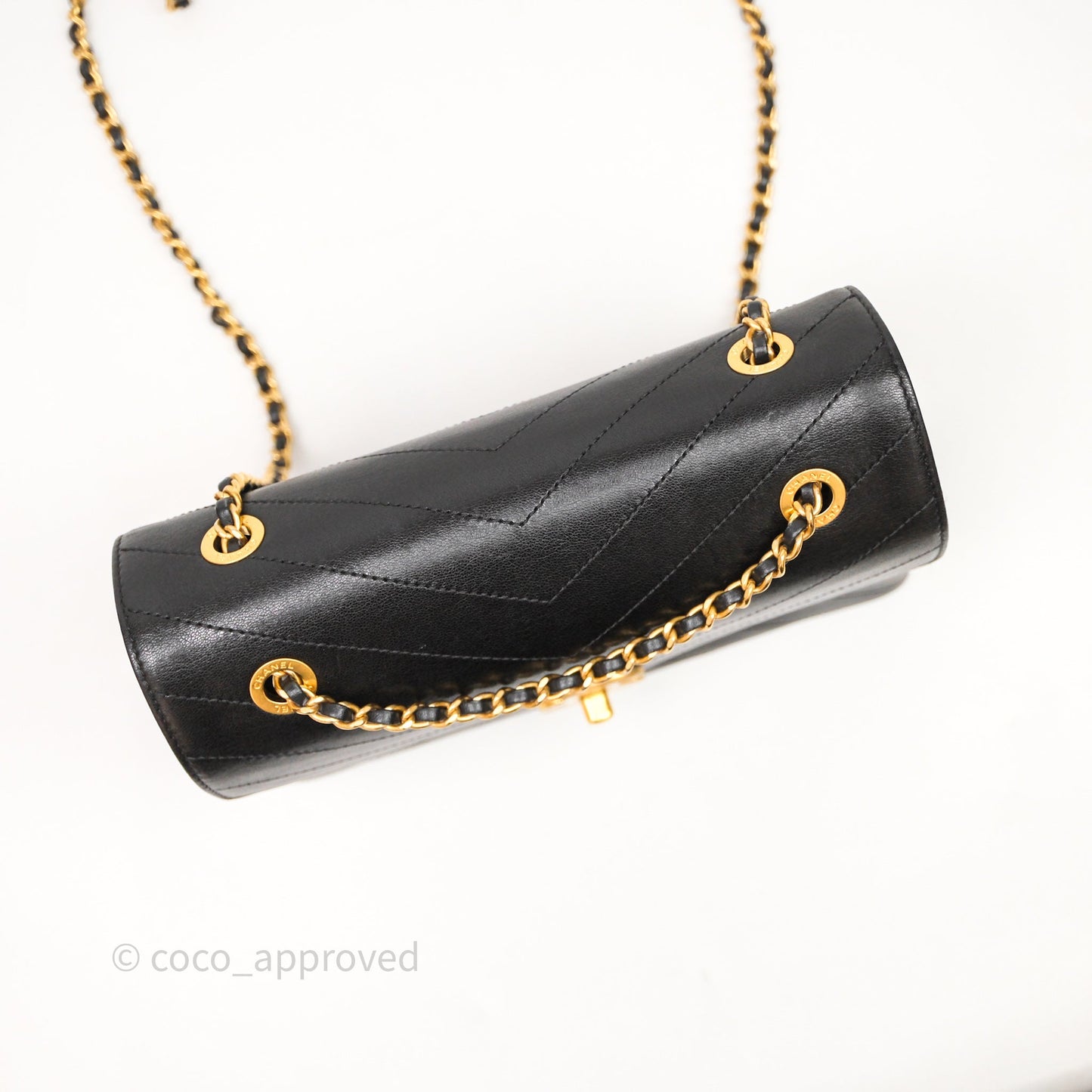Chanel Chevron Flap Bag Black Calfskin Aged Gold Hardware