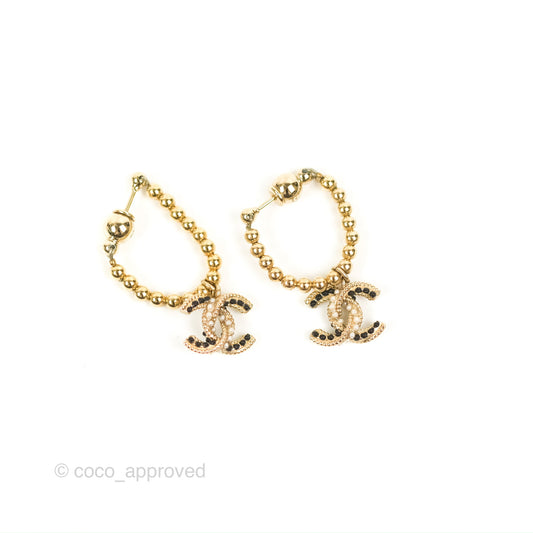 Chanel Pearl & Black Bead CC Chain Earrings Gold Tone 18P