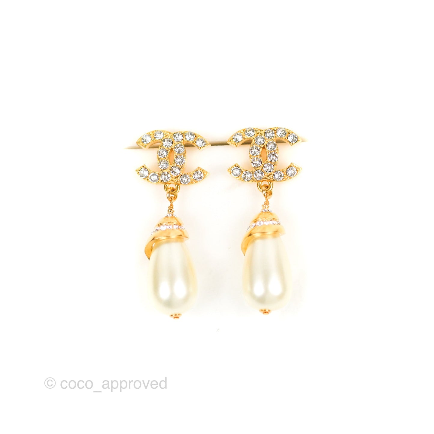 Chanel Crystal CC Drop Tear Pearl Earrings Gold Tone 22A