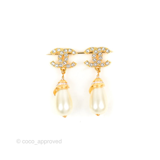 Chanel Crystal CC Drop Tear Pearl Earrings Gold Tone 22A