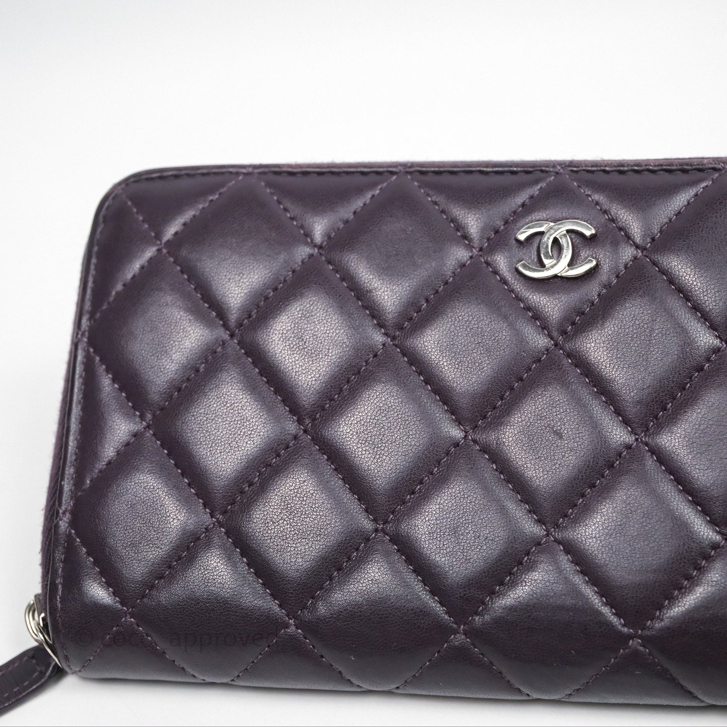 Chanel Classic Zipped Long Wallet Dark Purple Lambskin Silver Hardware
