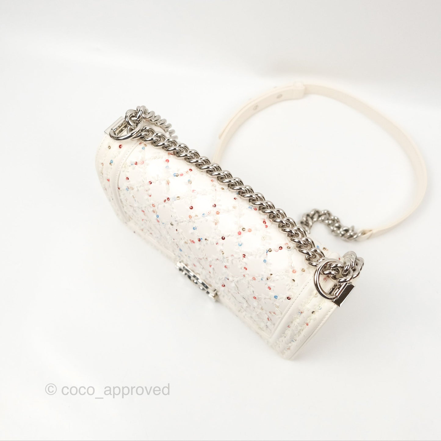 Chanel Medium Boy Sequins Quilted White Lambskin Silver Hardware