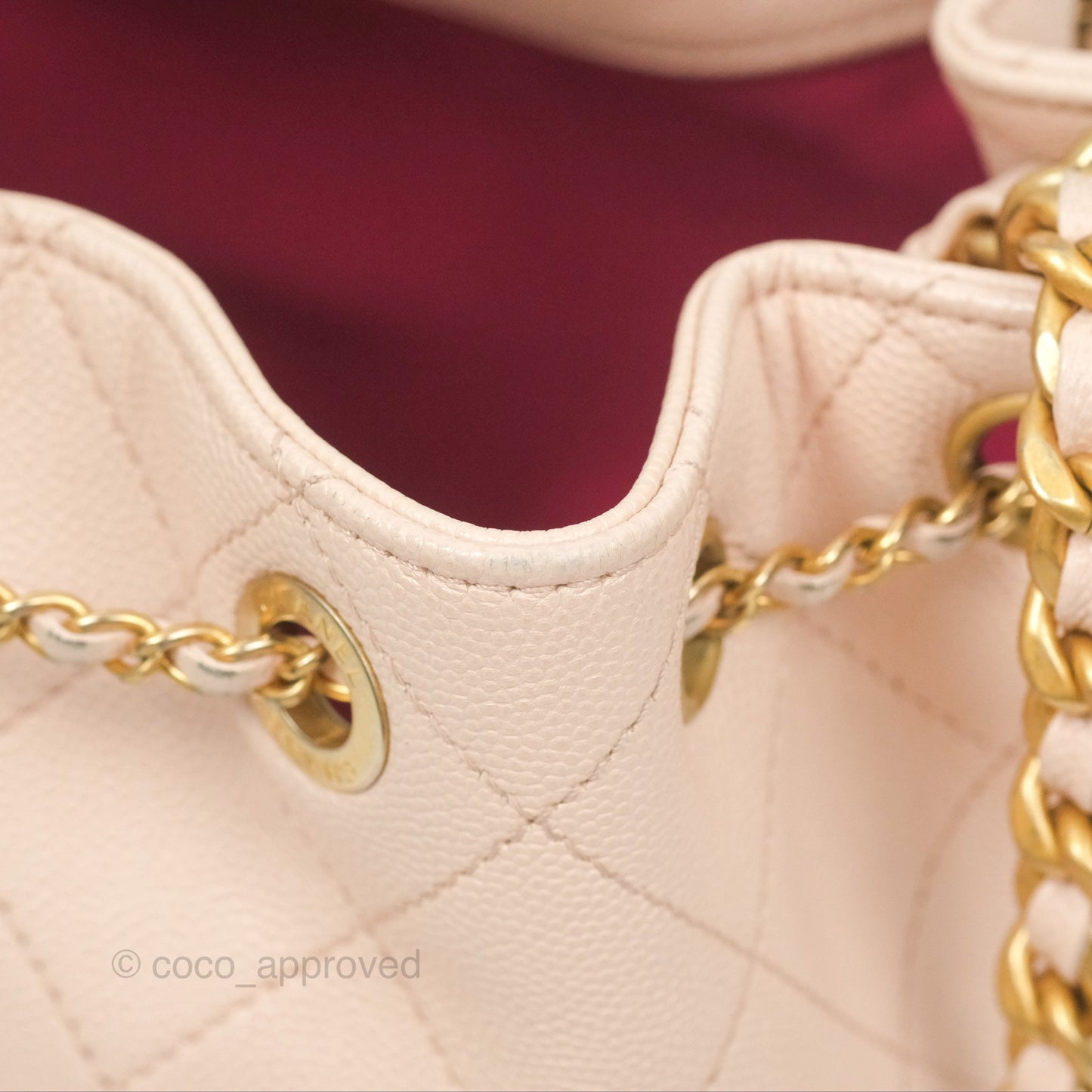 Chanel Quilted Top Handle Drawstring Bucket Bag Pink Caviar Aged Gold Hardware