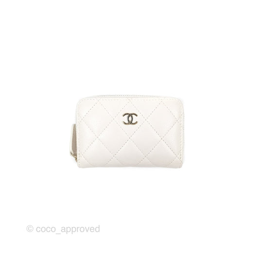 Chanel Classic Zipped Coin Purse White Caviar Gold Hardware