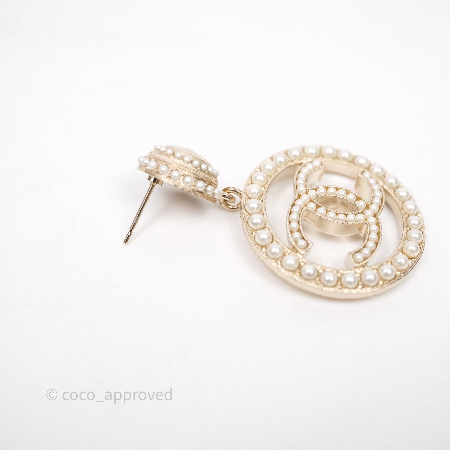 Chanel Pearl CC Round Drop Earrings Gold Tone 19V
