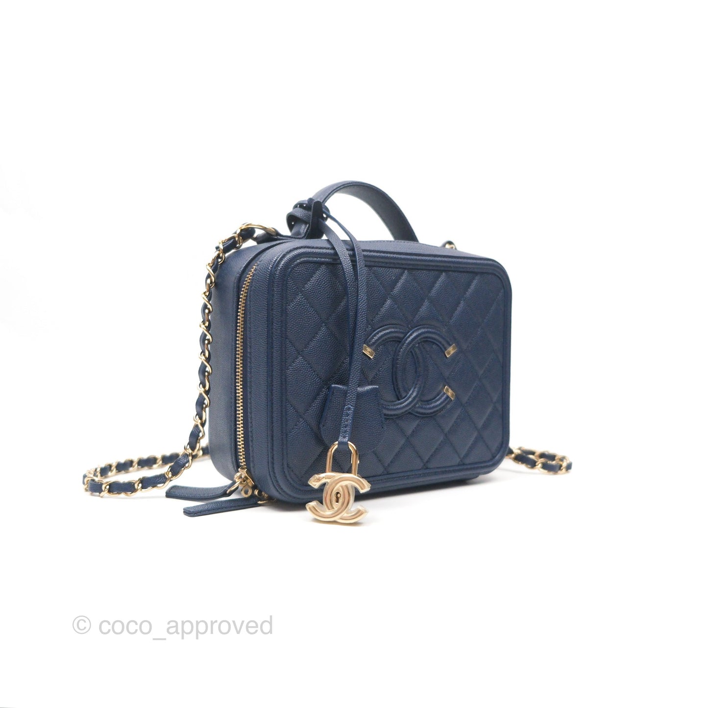 Chanel Quilted Medium CC Filigree Vanity Case Dark Navy Caviar Gold Hardware