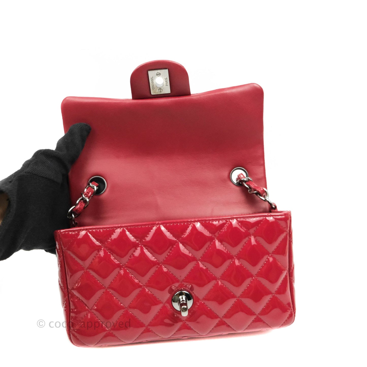 Chanel Quilted Mini Rectangular Flap Red Patent Gun Metal