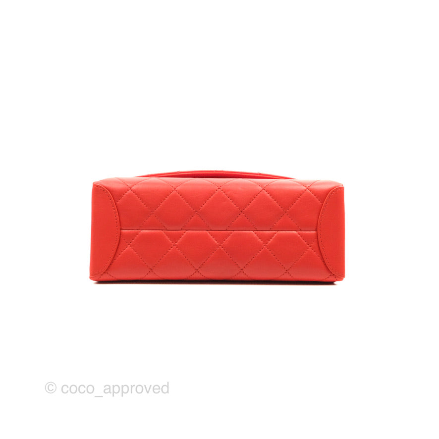 Chanel Top Handle Flap Bag Red Lambskin Aged Gold Hardware