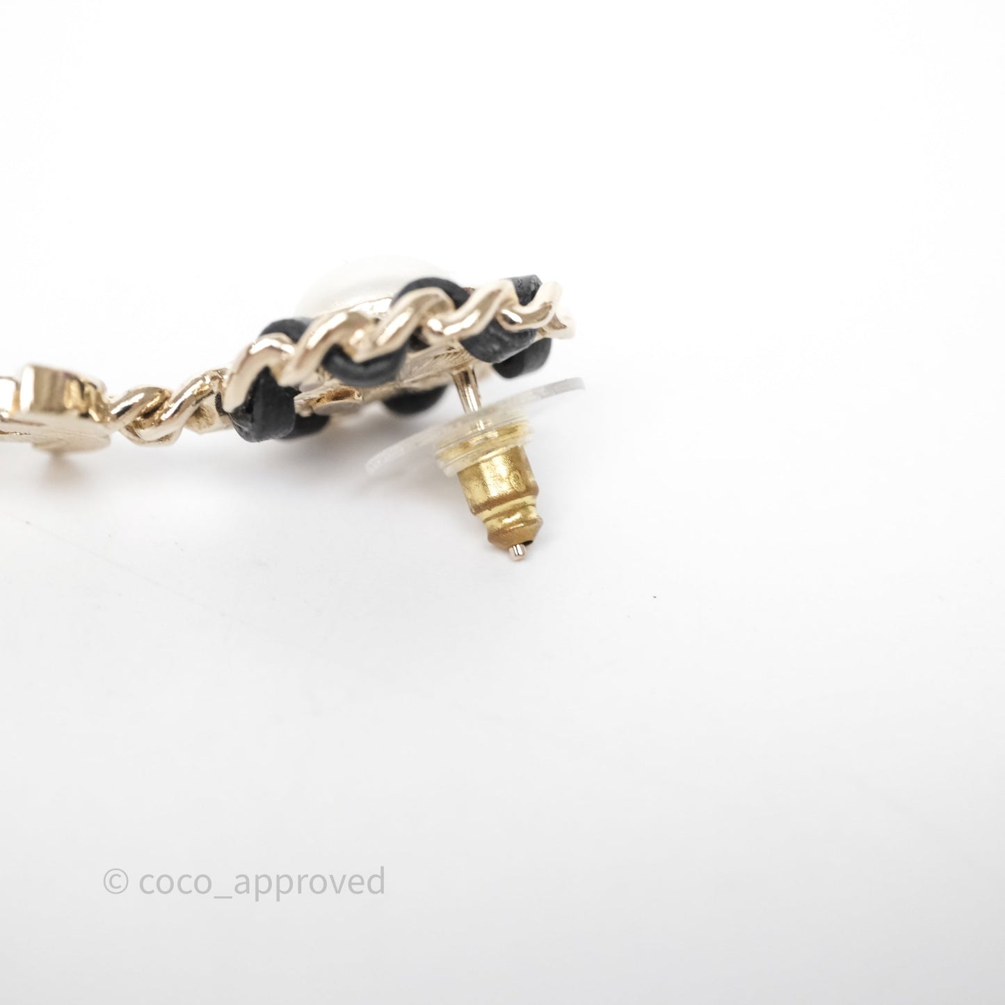 Chanel Oval Pearl Braided Black Leather Drop Crystal CC Earrings Gold Tone 21B