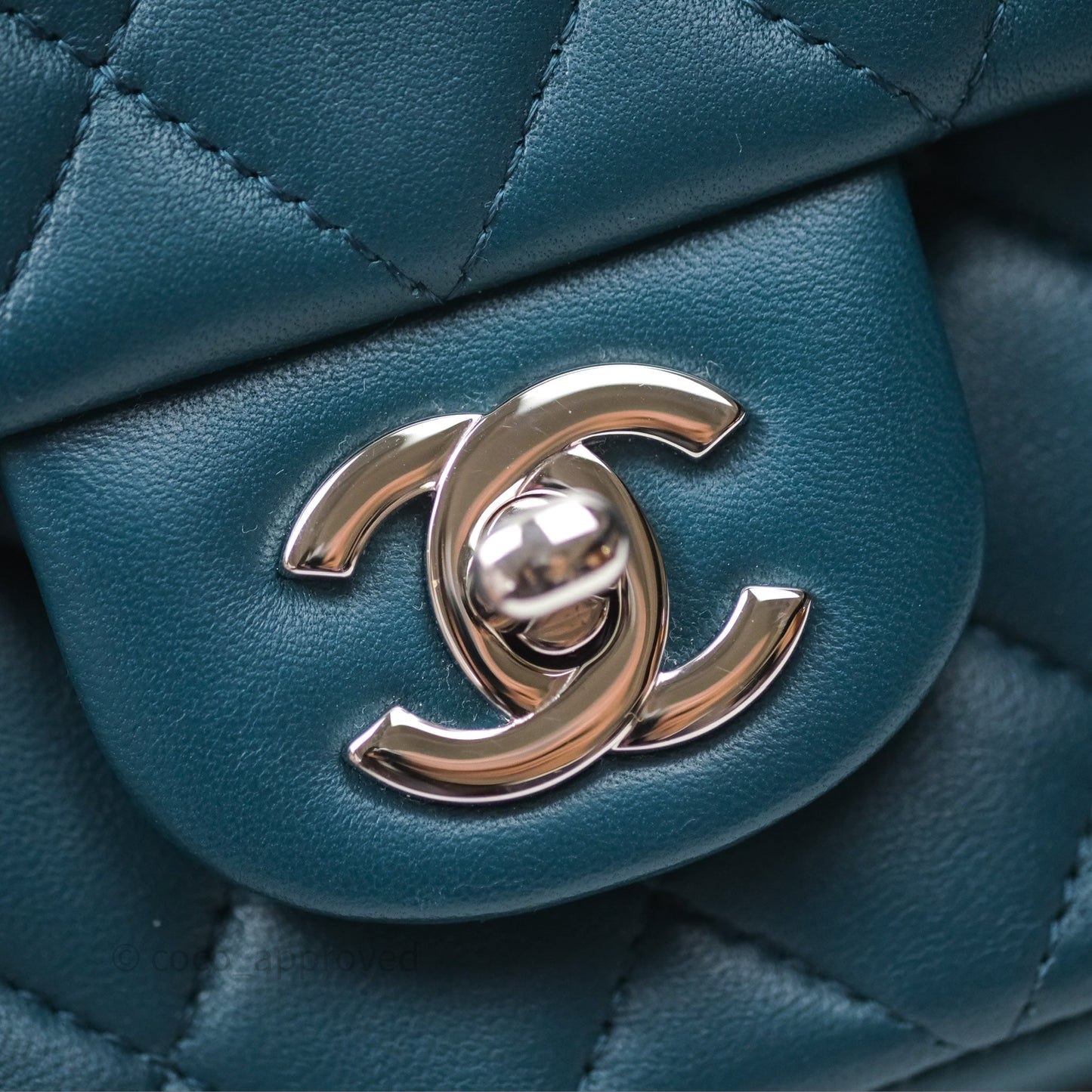 Chanel Quilted Mini Rectangular Flap Teal Green Lambskin Silver Hardware