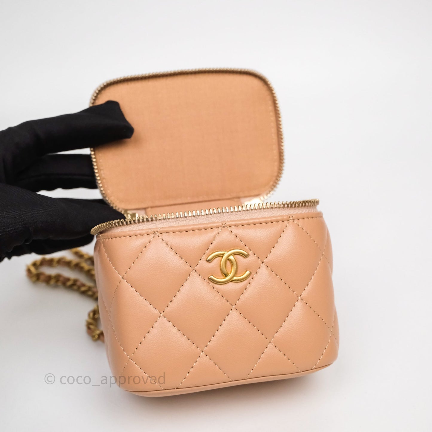 Chanel Mini Top Handle Vanity With Chain Beige Lambskin Aged Gold Hardware