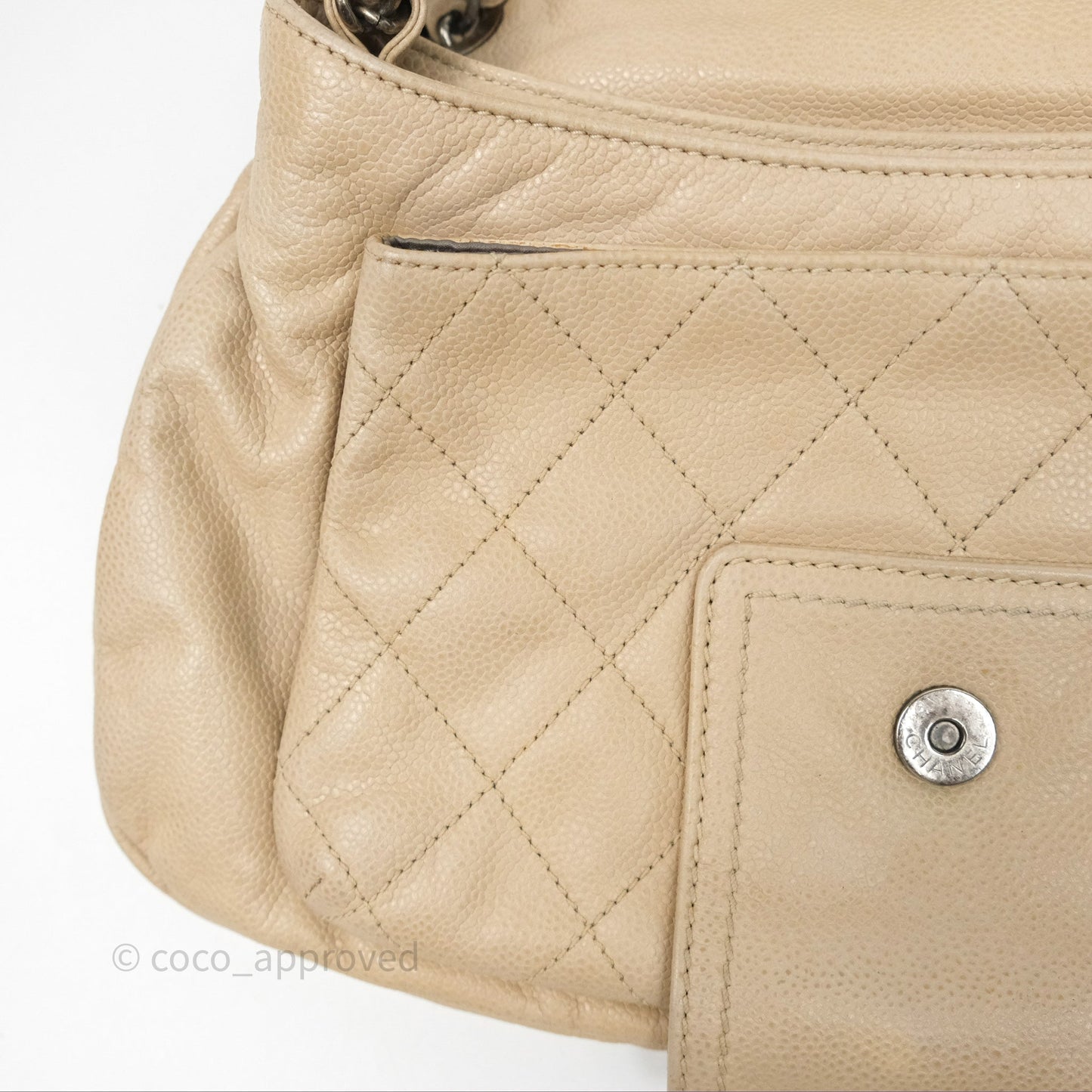 Chanel Quilted Coco Rider Hobo Bag Beige Caviar Ruthenium Hardware