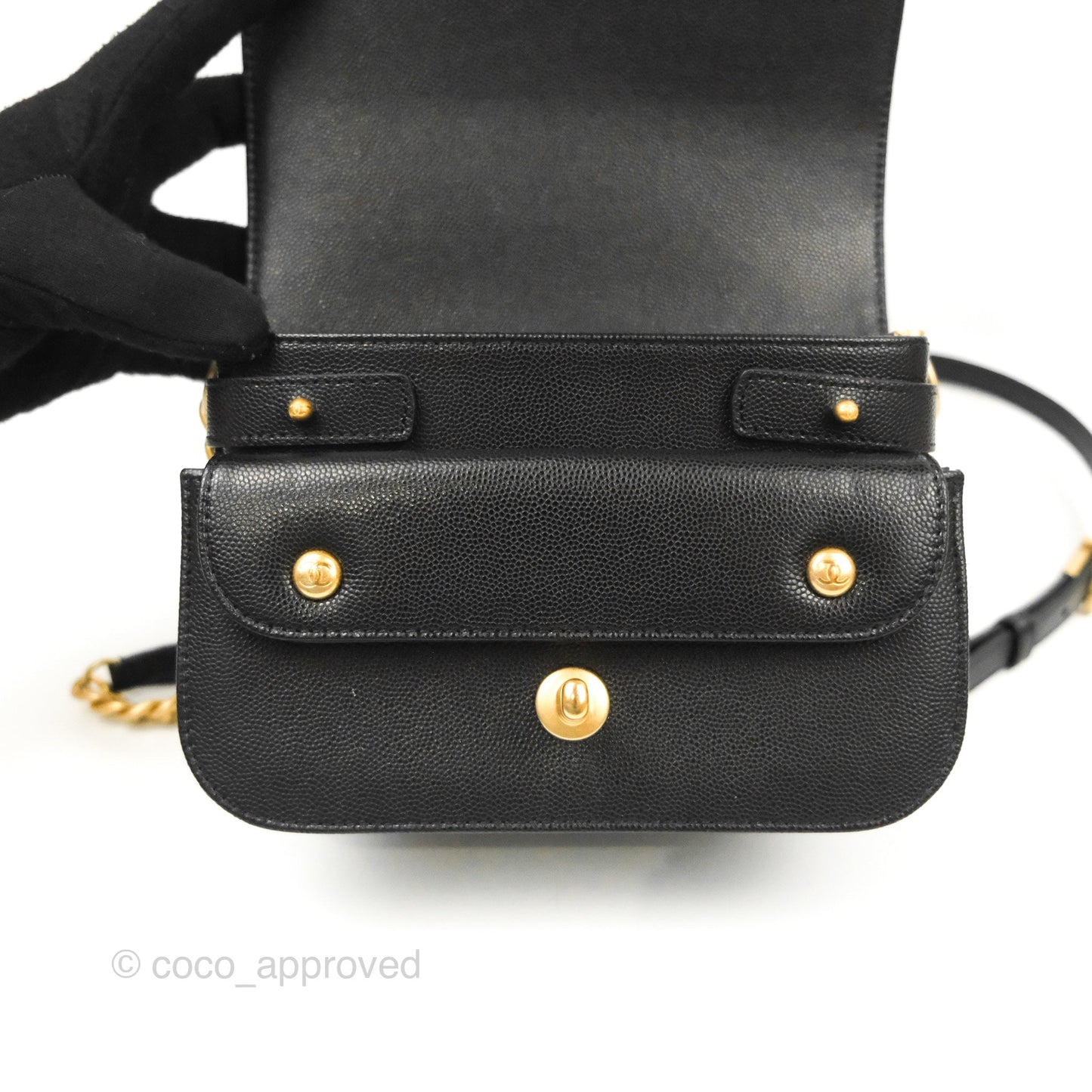 Chanel Mini Messenger Bag Black Caviar Aged Gold Hardware 21K