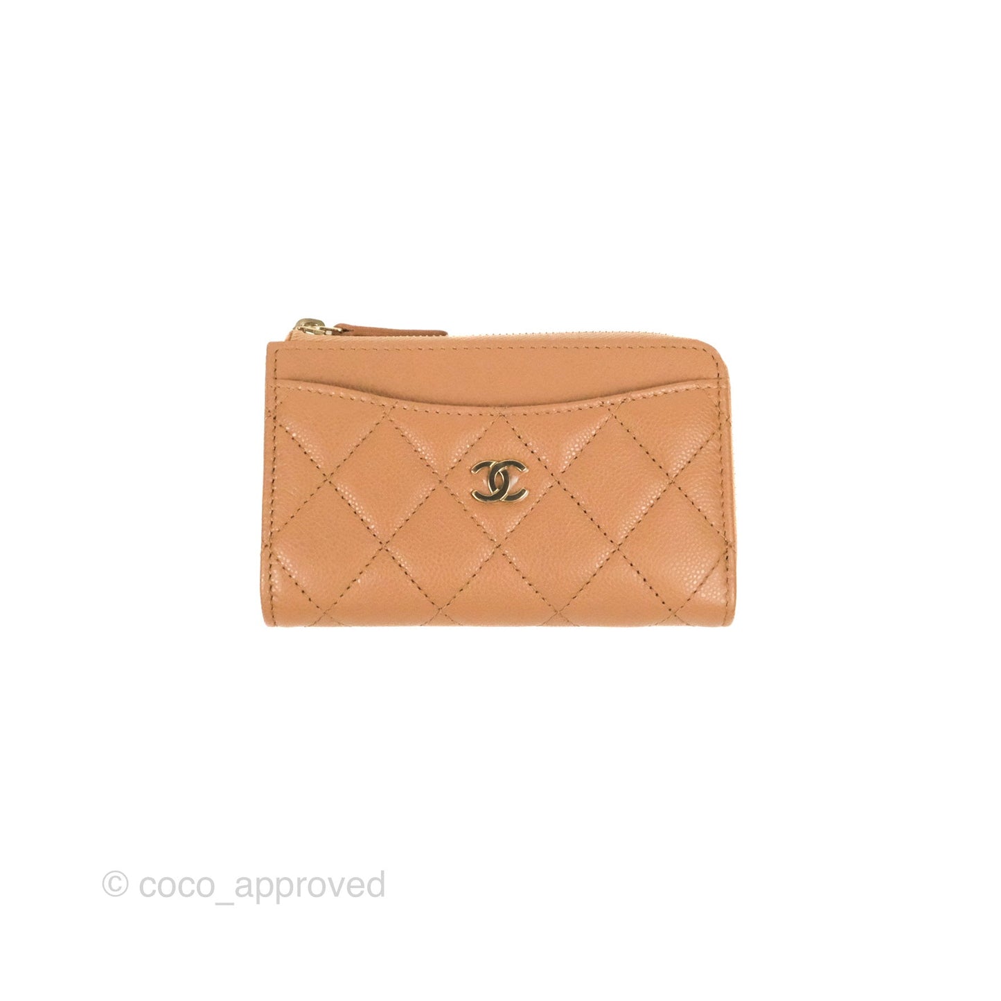 Chanel Quilted Zip Card Holder Dark Beige Caviar Gold Hardware 23S