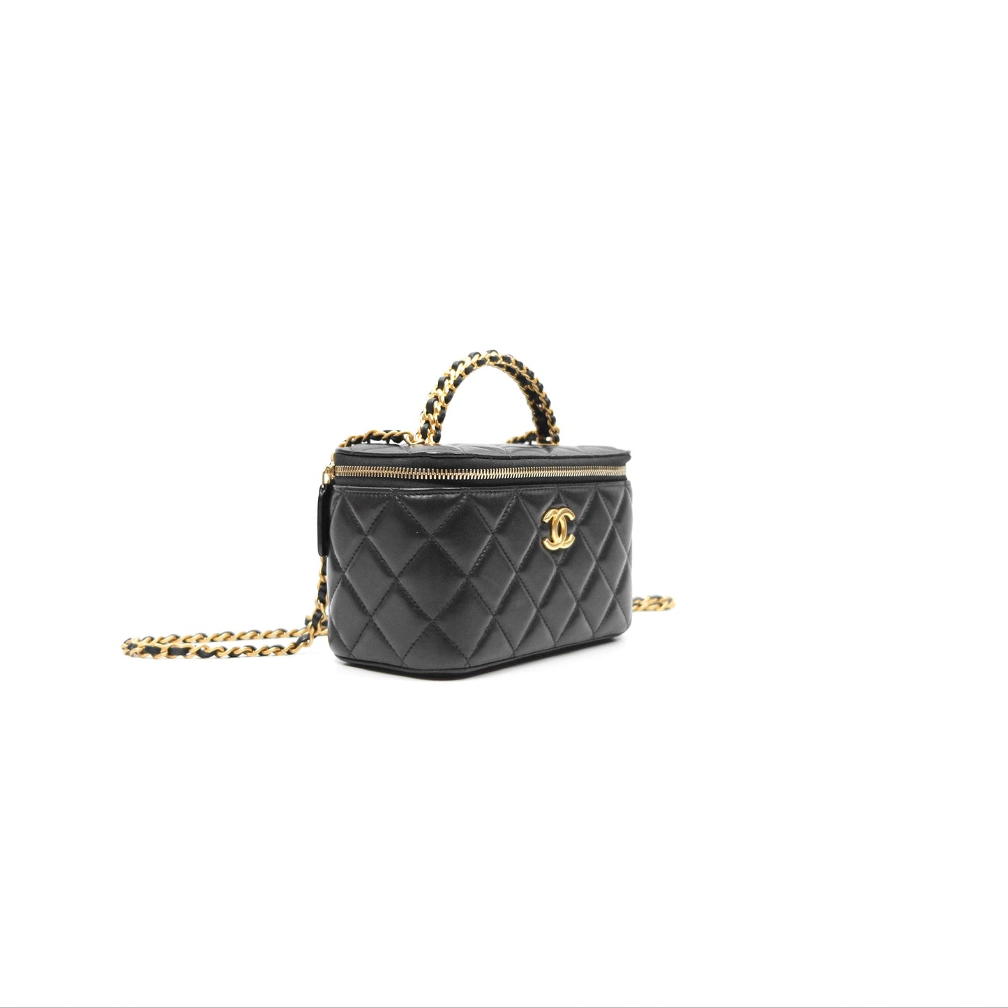 Chanel Vanity Rectangular with Top Handle Black Lambskin Aged Gold Hardware
