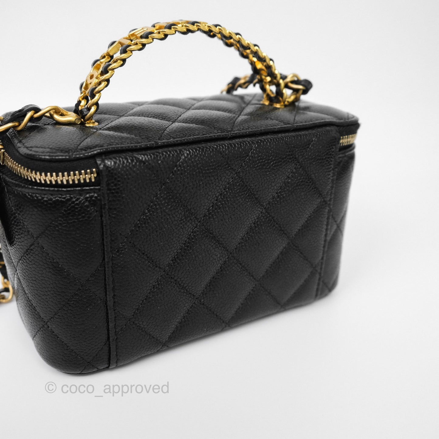 Chanel Logo Top Handle Vanity Rectangular Black Caviar Aged Gold Hardware