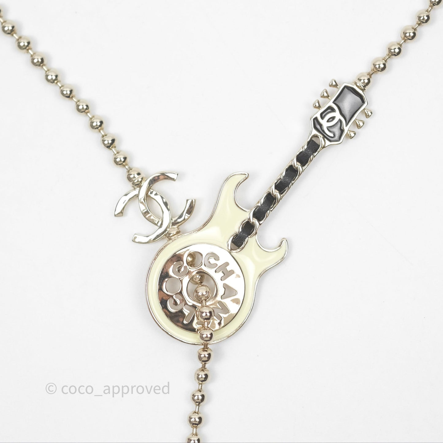 Chanel CC Guitar Drop Necklace Gold Tone 24A