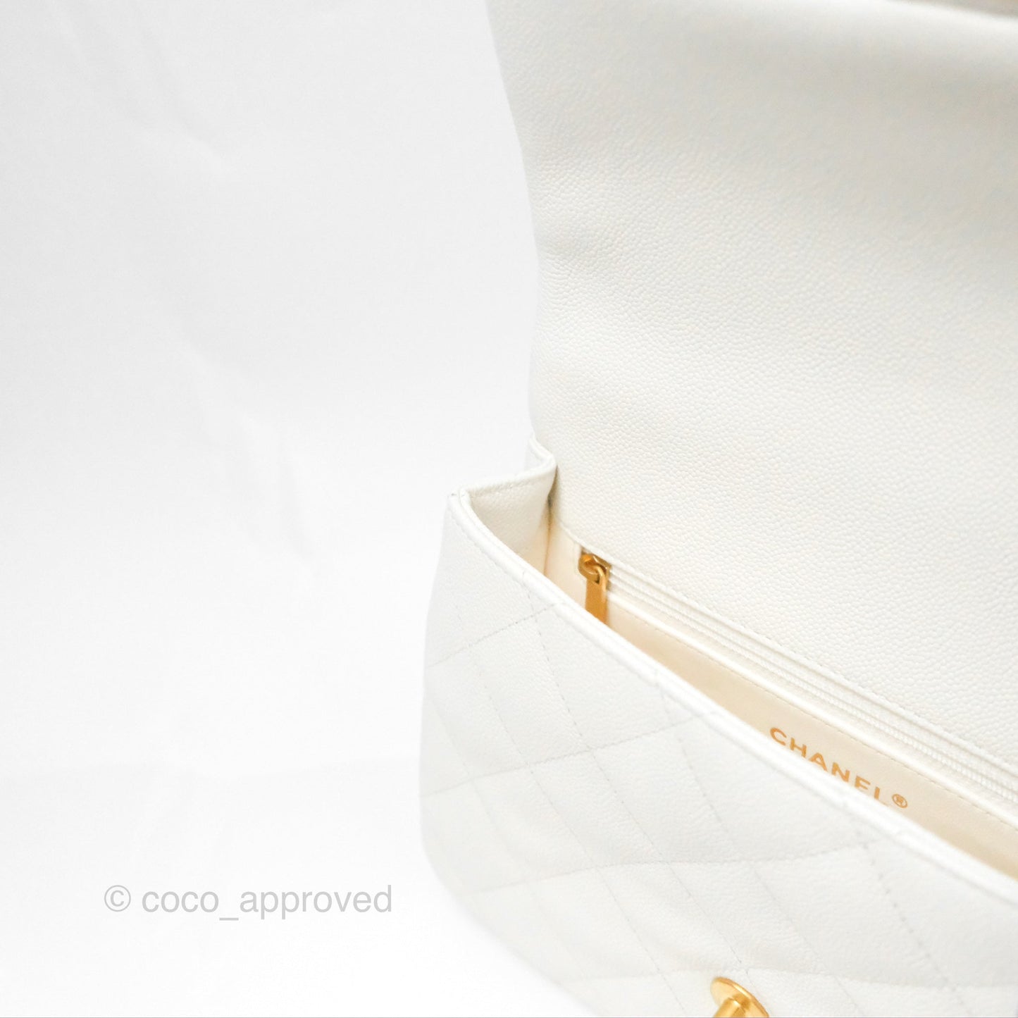 Chanel Large Flap Bag Heart Adjustable Chain White Caviar Aged Gold Hardware