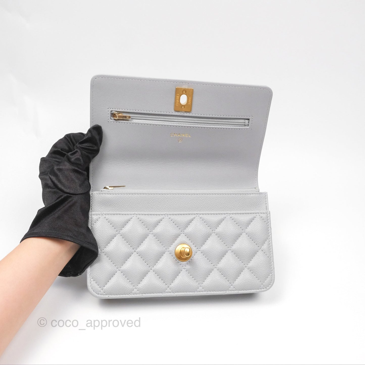 Chanel Heart Adjustable Chain WOC Grey Caviar Aged Gold Hardware