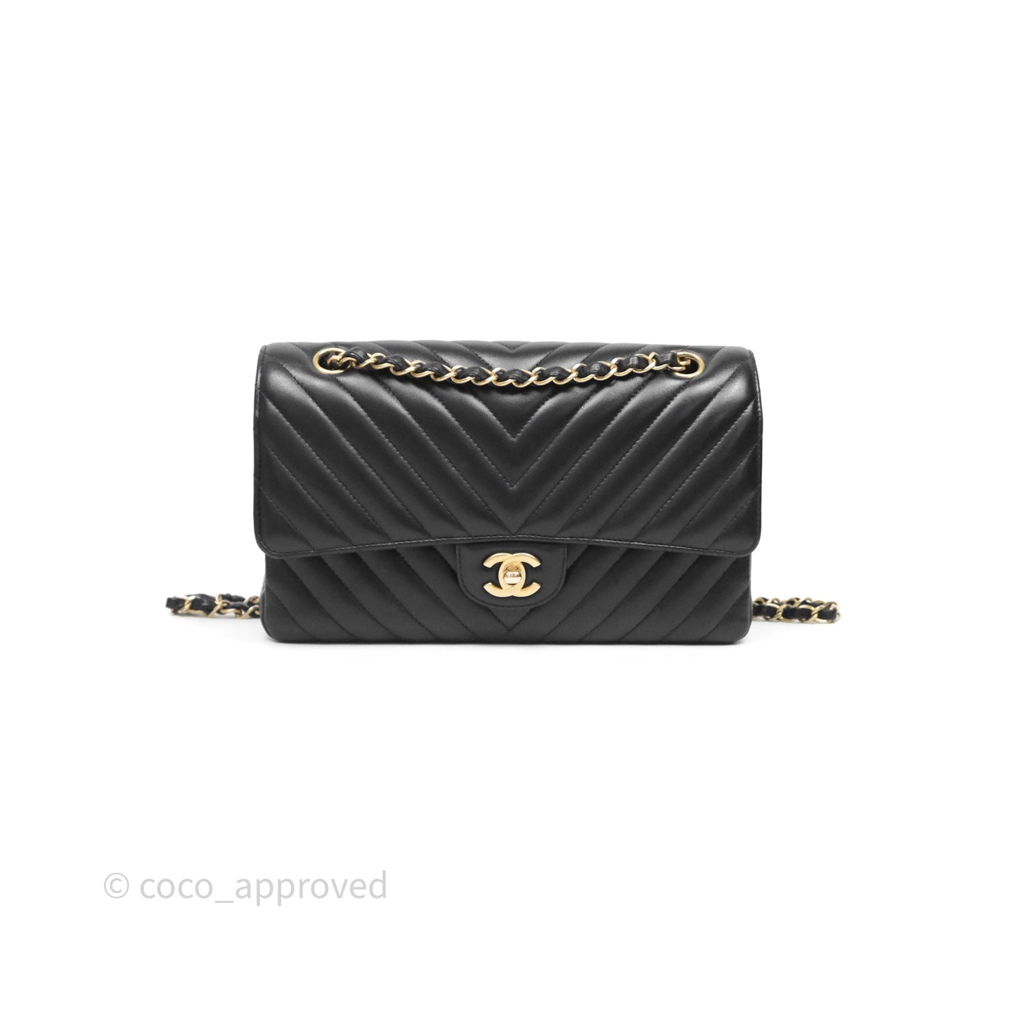 Chanel Classic M/L Medium Flap Chevron Black Lambskin Aged Gold Hardware
