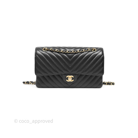 Chanel Classic M/L Medium Flap Chevron Black Lambskin Aged Gold Hardware
