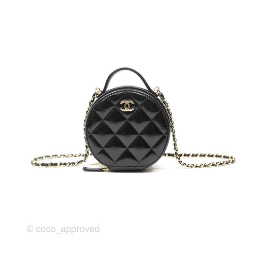 Chanel Mini Round Vanity Bag Handle With Care Black Glazed Lambskin 22C