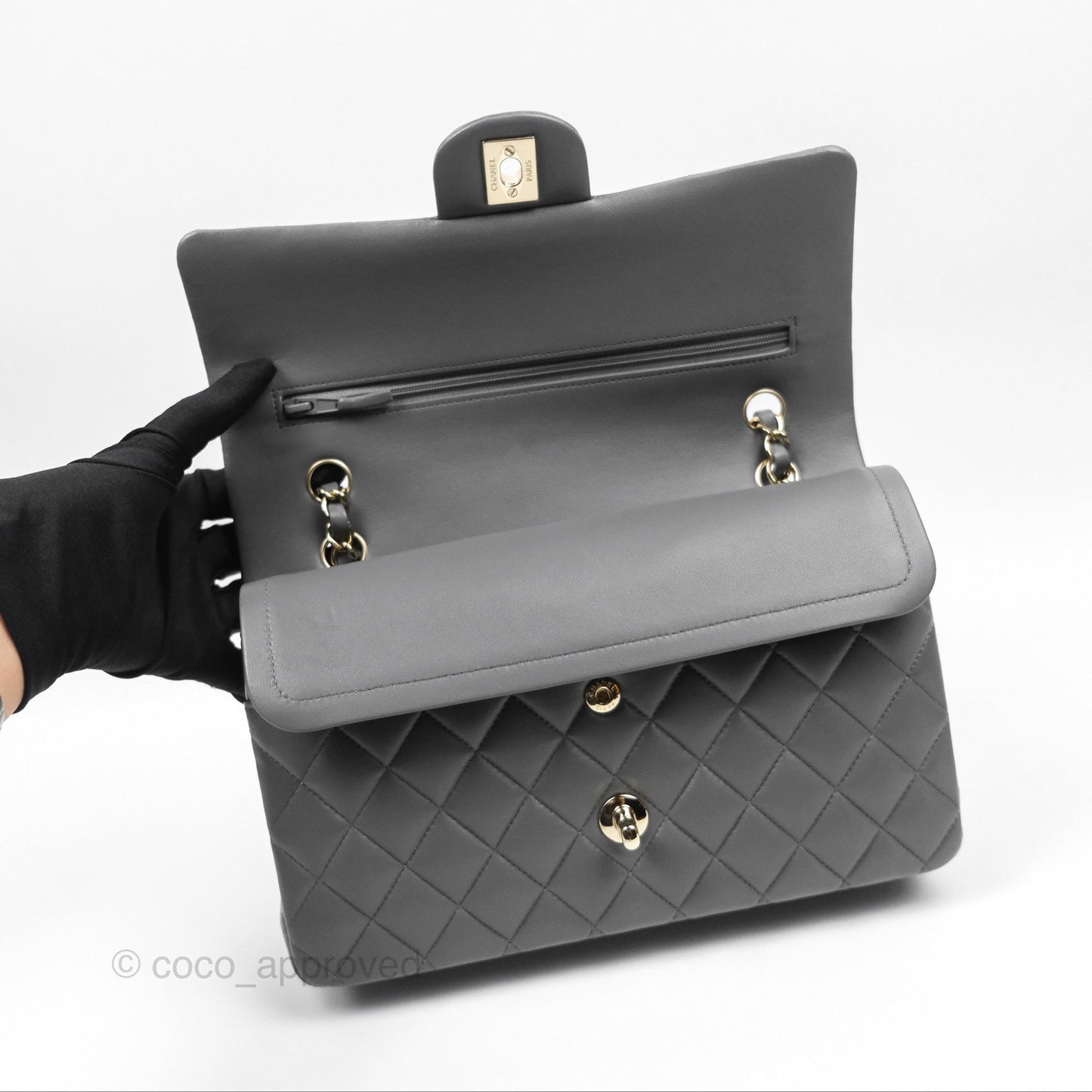 Chanel Classic M/L Medium Flap Quilted Grey Lambskin Gold Hardware