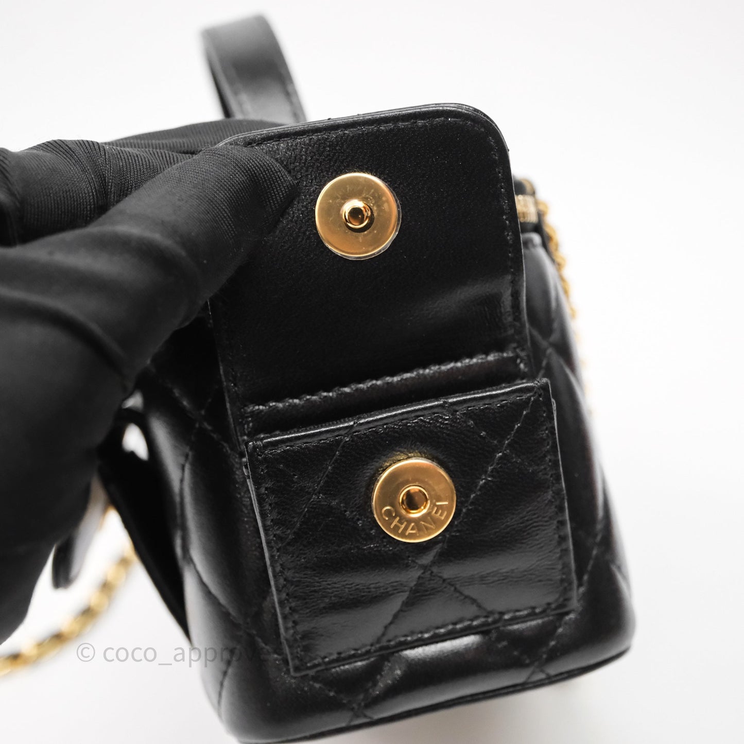 Chanel Quilted Top Handle Pocket Vanity Case Black Shiny Lambskin Bag Gold Hardware