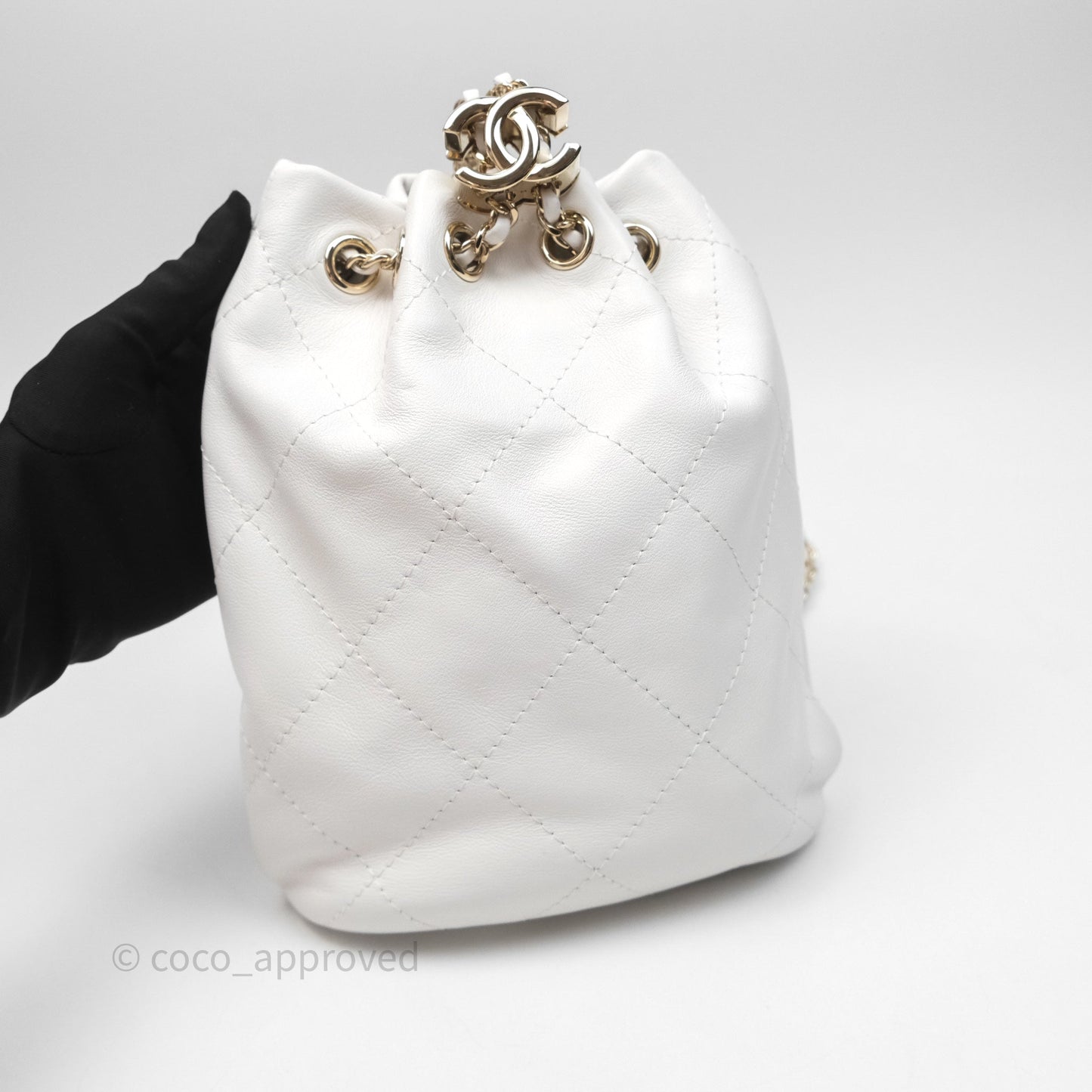 Chanel Quilted Drawstring Bucket Backpack White Calfskin Gold Hardware 24C