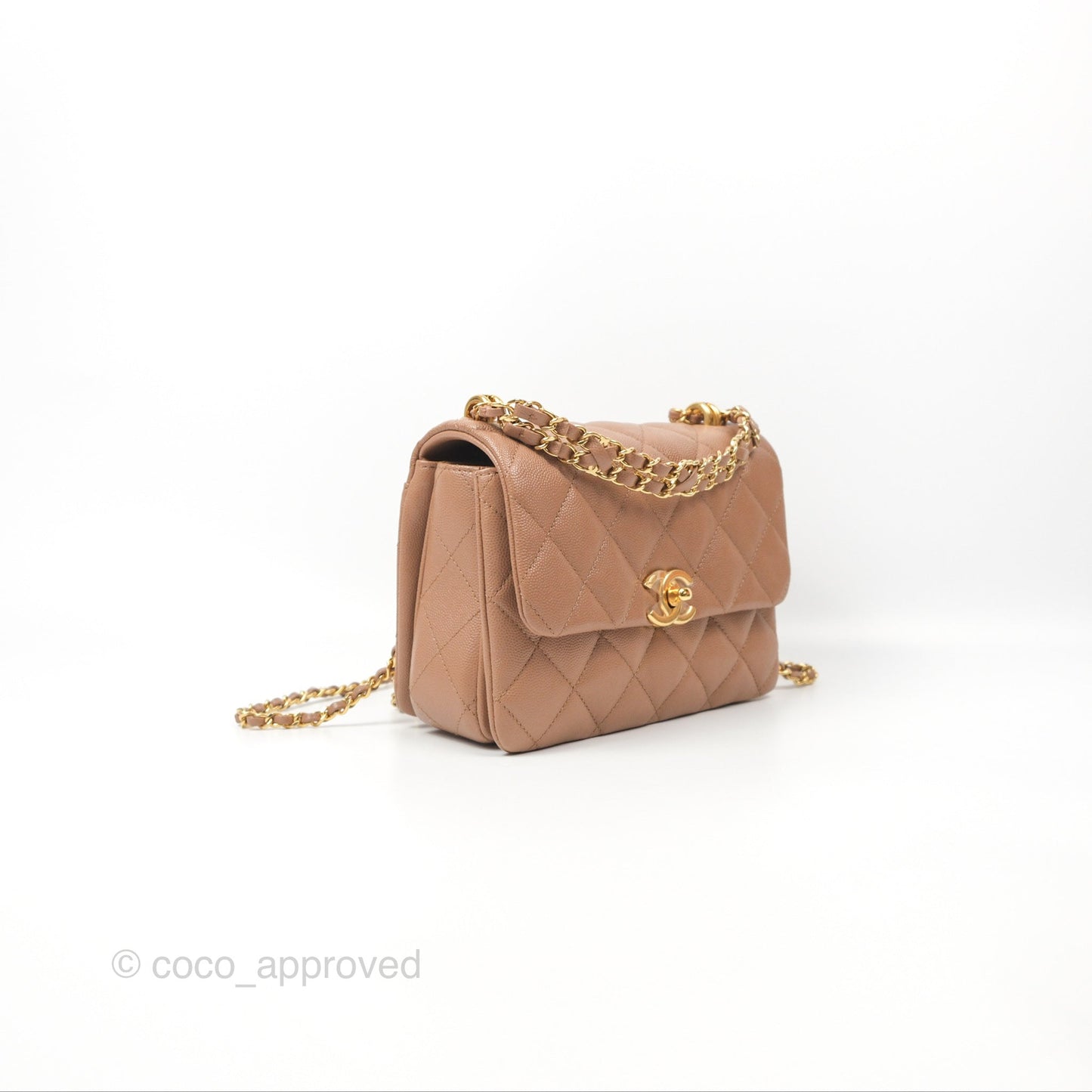Chanel Coco First CC Chain Flap Bag Dark Beige Caviar Aged Gold Hardware