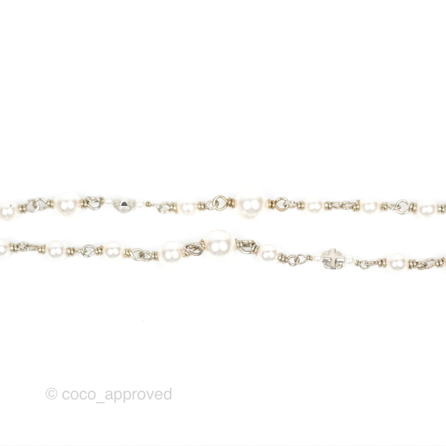 Chanel Ribbon Bow CC Crystal Pearl Chain Necklace Silver Tone 22B
