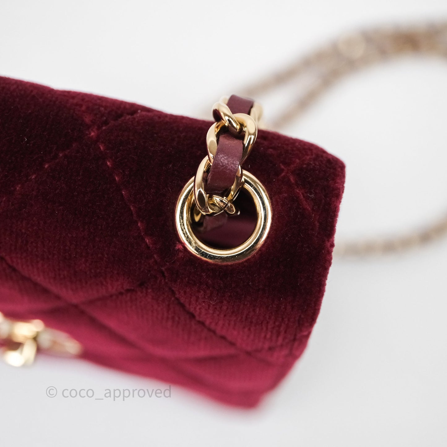 Chanel Quilted Phone Holder Crystals Pearl Crush Red Velvet Gold Hardware