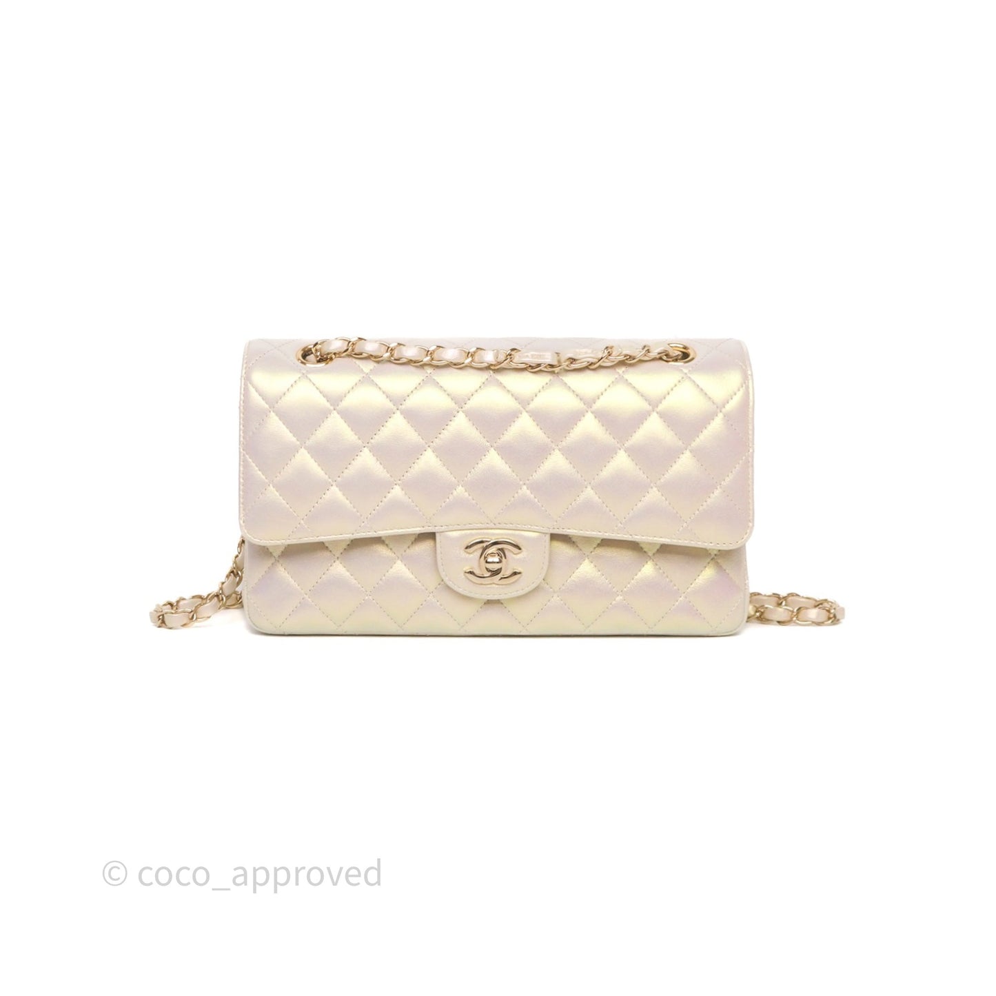 Chanel Classic Medium Double Flap Iridescent Beige Gold Hardware 21S