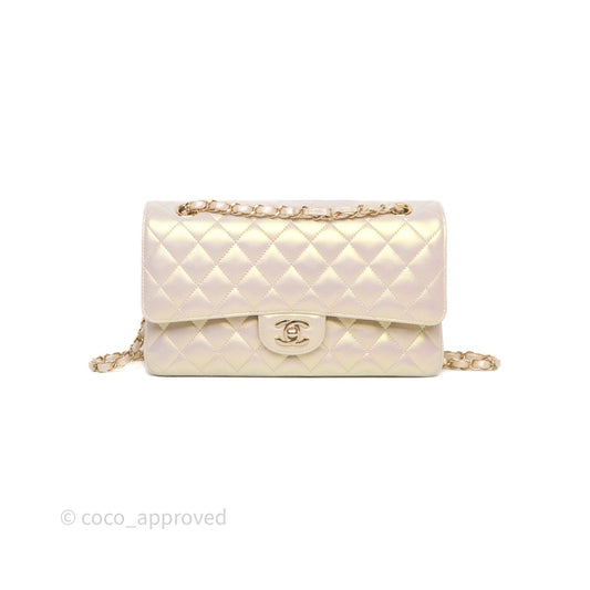Chanel Classic Medium Double Flap Iridescent Beige Gold Hardware 21S