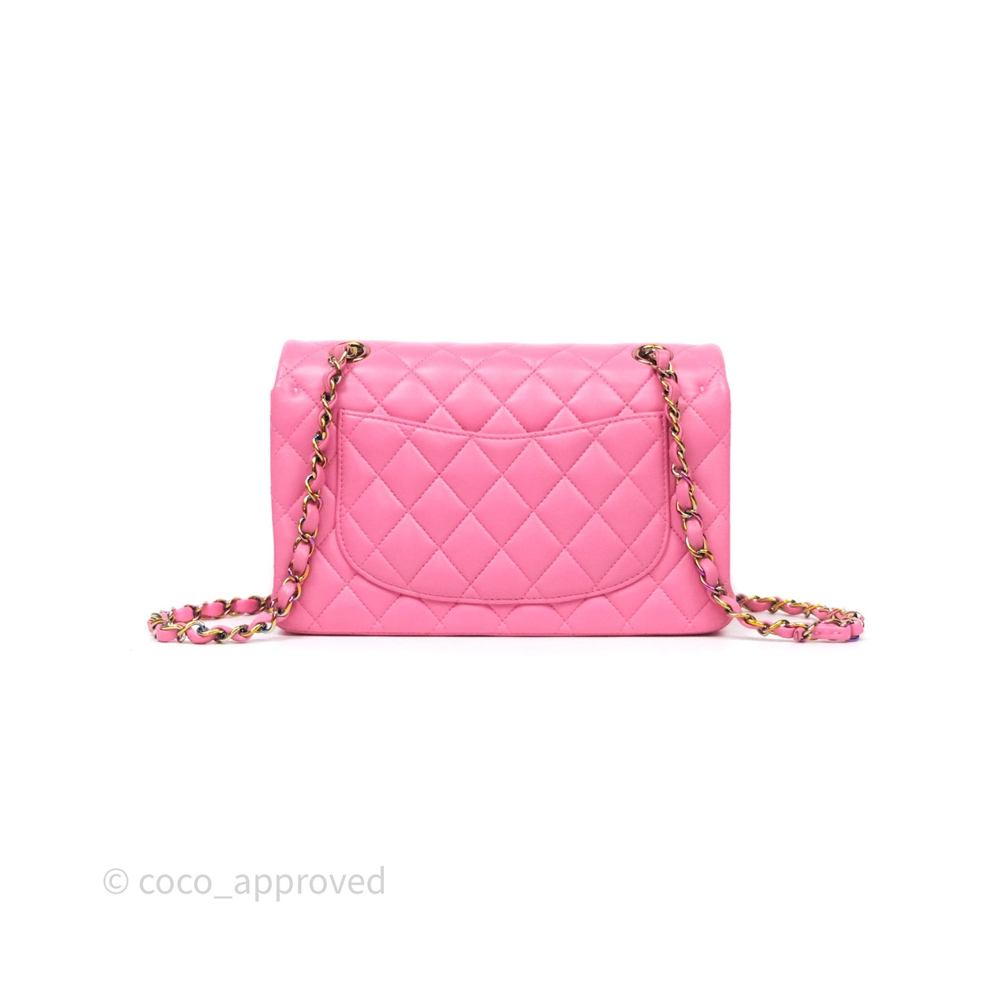 Chanel Small Classic Flap Quilted Pink Lambskin Rainbow Hardware