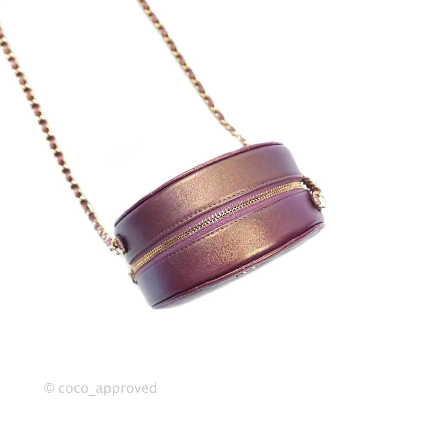 Chanel Classic Quilted Round Clutch With Chain Metallic Purple Lambskin Gold Hardware
